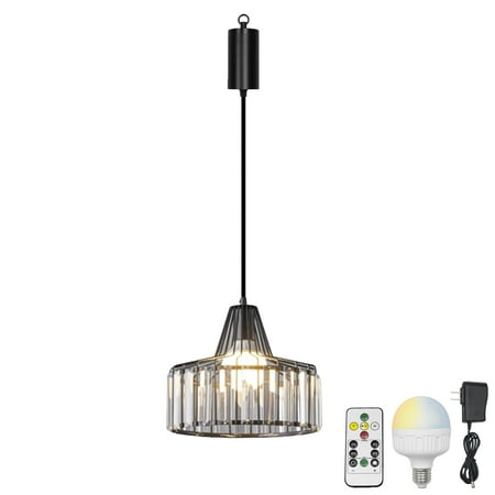 

FSLiving Clear Crystal Circular Pendant Light with Rechargeable Battery Operated LED Bulb Adjustable Wire Length Hanging Light RGB Mode Dimmable Timing Lighting Fixtures for Kitchen Black - 1 Light
