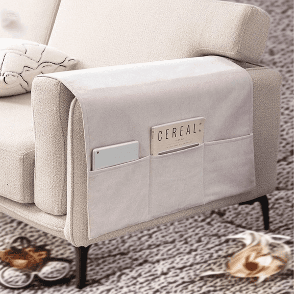 Chenille Sofa Armrest Covers with Storage Pockets, Non Slip Couch Arm Covers Organizer for Remote Control Phone, Furniture Protector Armchair Covers, 24" x 43", Beige