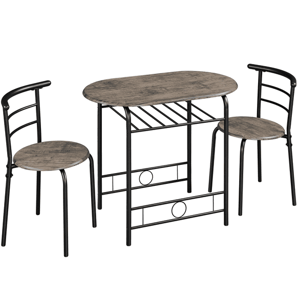 Fullfurnique 3-piece Round Dining Table and 2 Chairs Set with Storage Rack and Steel Legs, Drift Brown