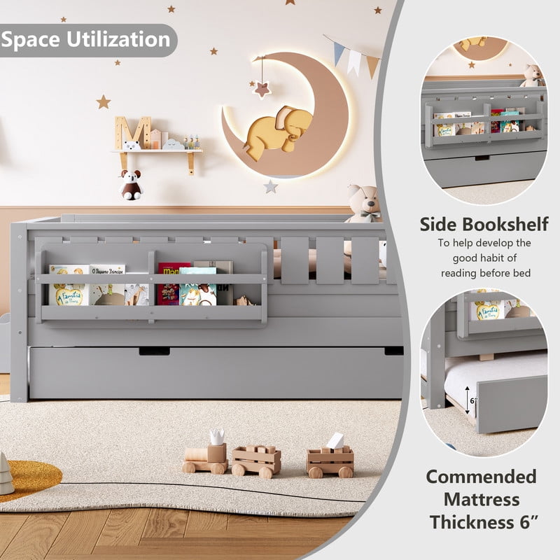 Twin Size Low-Profile Kid's Platform Bed with Built-in Bookshelves & Small Staircase, Wooden Bed Frame with Safety Rails & Trundle