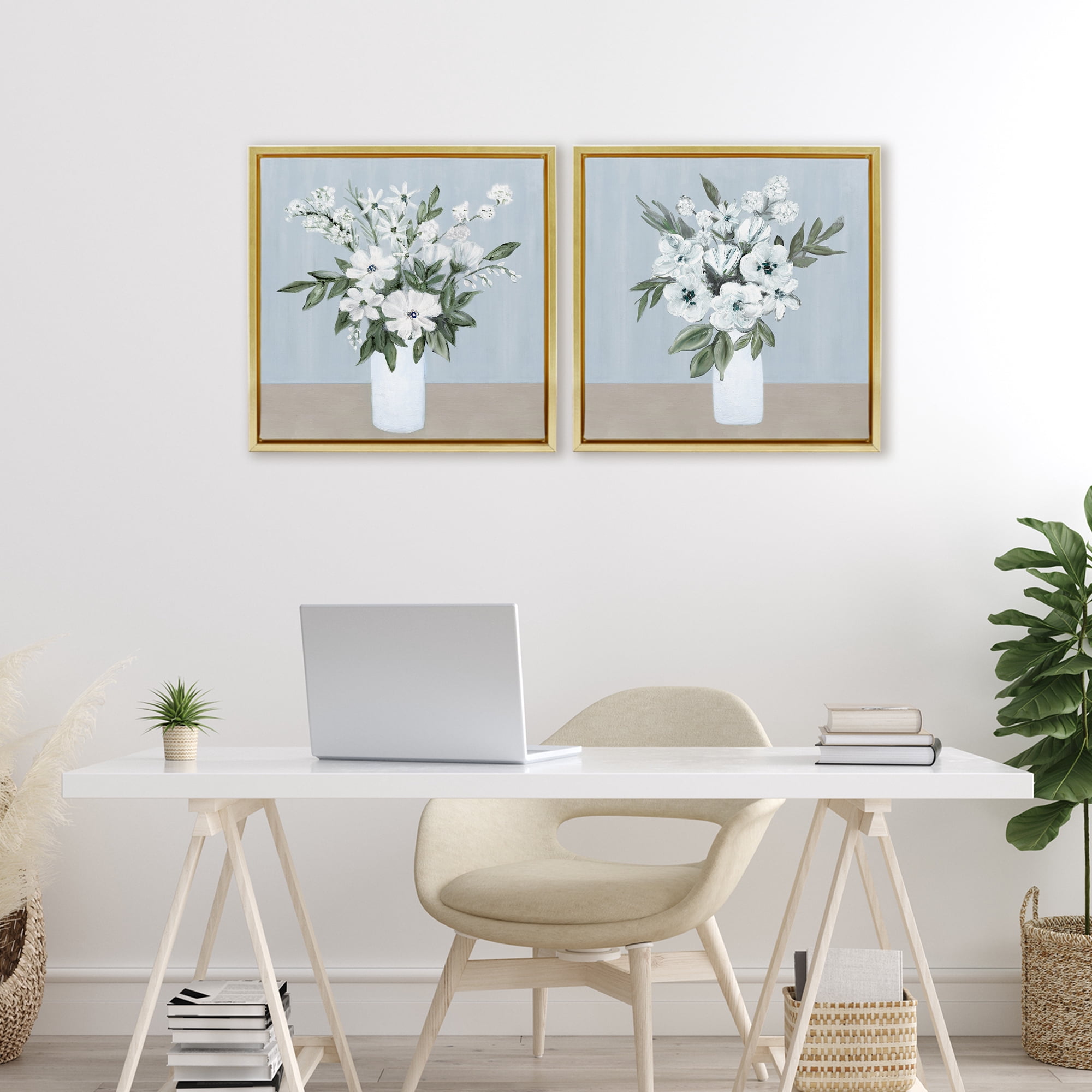 Stupell Industries Mixed White Blossoms 2 Piece Gold Framed Floater Canvas Set, design by Marilyn Dunlap