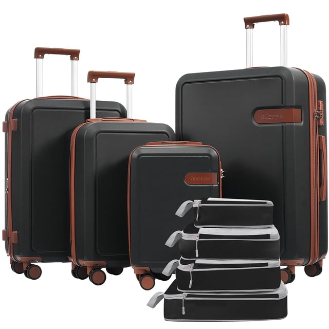 Merax Luggage Sets with Compression Packing Cubes, Hardside Expandable 4 Piece Suitcase Set with Spinner Wheels, Durable Lightweight Luggage with TSA Lock-16+20+24+28,Black and Brown