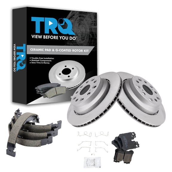 TRQ Rear Brake Pad & Rotor Kit Brake Pads Brake Rotor Parking Brake Shoe Set Ceramic Premium G-Coated Fits Select 2007-2016 Lexus LS460