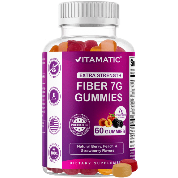 Vitamatic Prebiotic Fiber Gummies for Adults - 7G Fiber Extra Strength - Zero Sugar Added - 60 Pectin Based Gummies - Digestive Health & Regularity Support