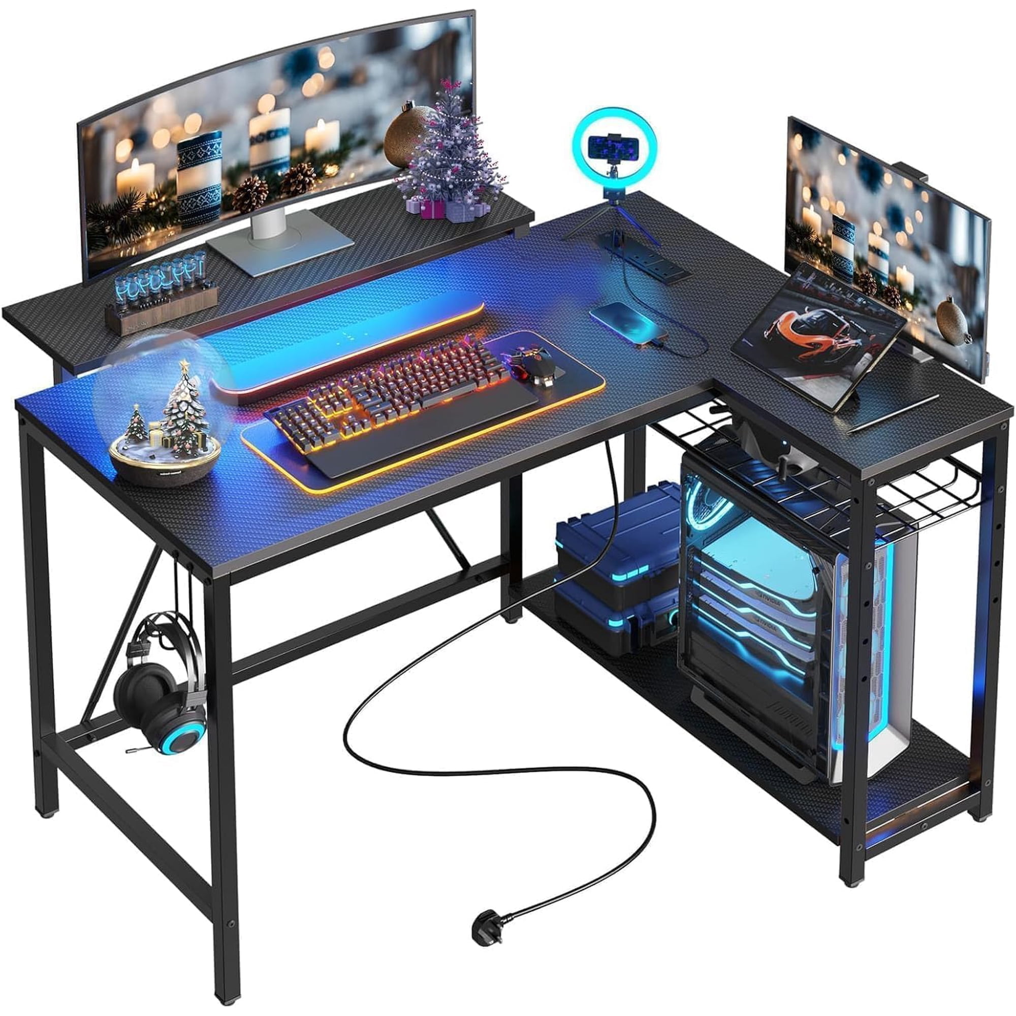 42-Inch L-Shaped Computer Desk with Charging & LED, Black