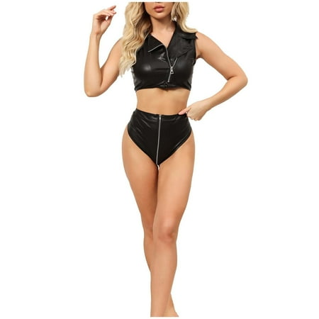 QIPOPIQ Clearance Women s Lingerie Fashion Sexy Lingerie Solid Color Hollow Patent Leather Zipper Punk Sexy Underwear Thong Suit