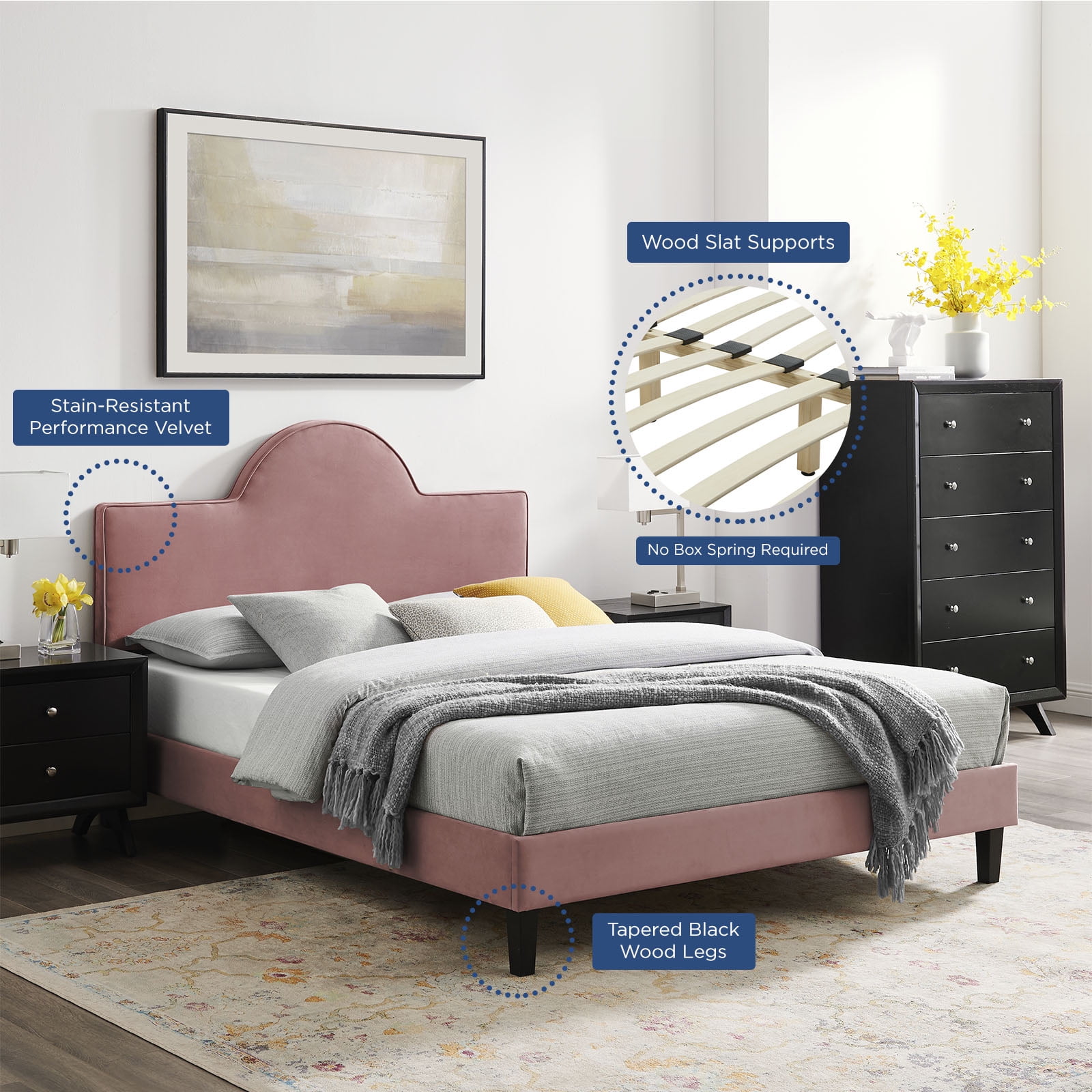 Platform Bed Frame, King Size, Pink, Velvet, Modern Contemporary, Bedroom Master Guest Suite Room
