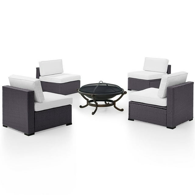 Crosley Biscayne 5 Piece Wicker Patio Fire Pit Set in Brown and White