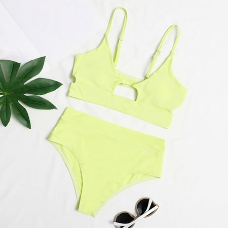 Ovticza Women Bikini Sets High Waisted Bathing Suit - Cutout Two Piece Swimsuit Tummy Control Cheeky Modest Neon Bikini Yellow M