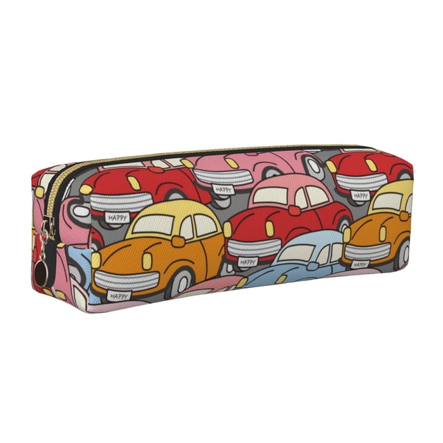 Disketp Cute Cars Estuche de Lápices de Cuero con Cierre, Estuche Compacto para Papelería, Bolígrafos y Accesorios Pequeños