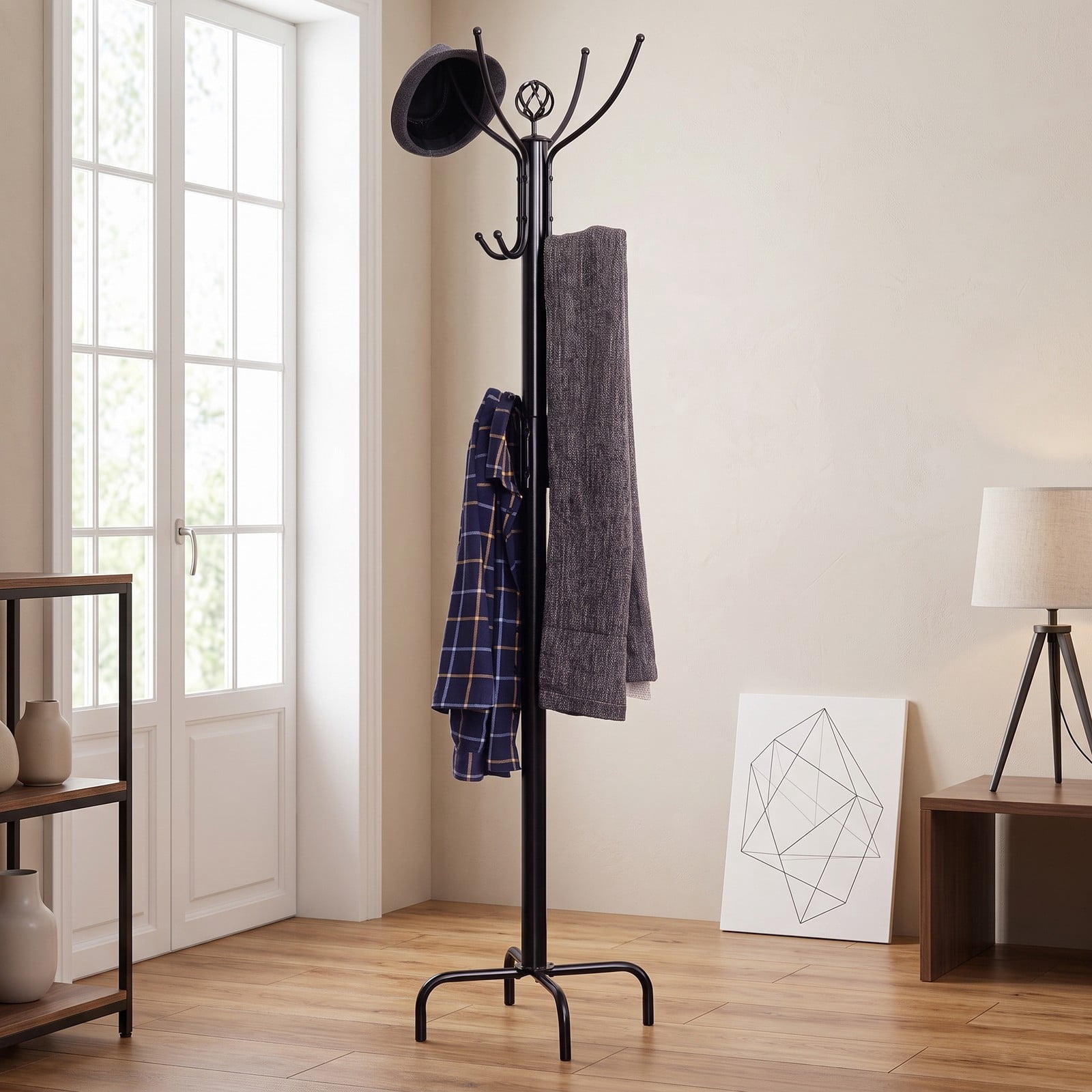 Furnibear Freestanding Metal Coat and Hat Rack Stand with 12 Hooks and Three-Tier Design for Entryway Hallway and Bedroom, Black