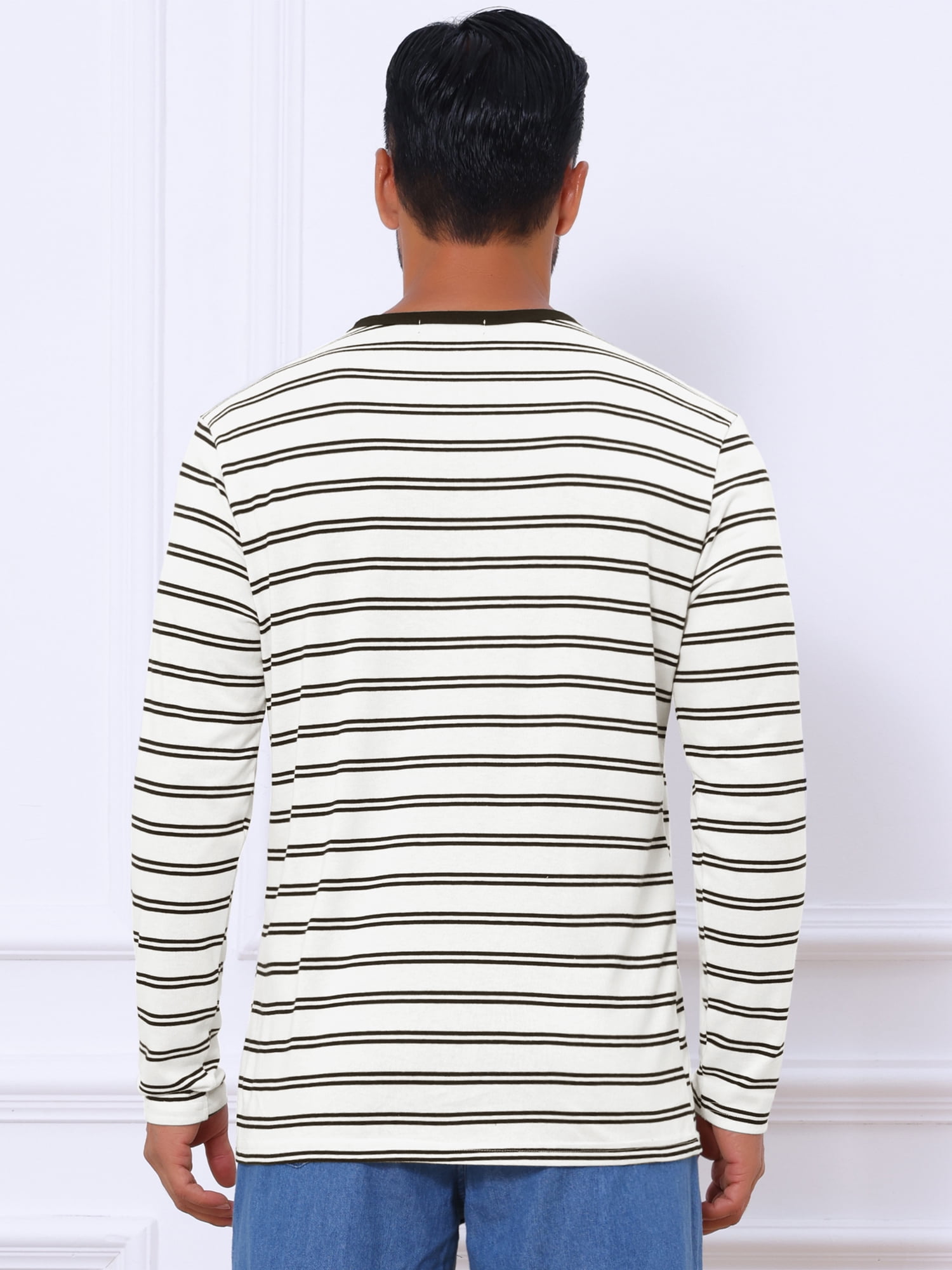 DARING DIVA Men's Long Sleeve Contrasting Colors Striped Henley T-Shirt L White
