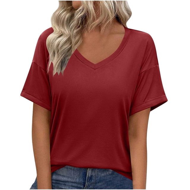 Timegard Tops for Women Summer Casual Loose Comfy Solid Color V Neck Stops Short Sleeve Basic Tee Shirts