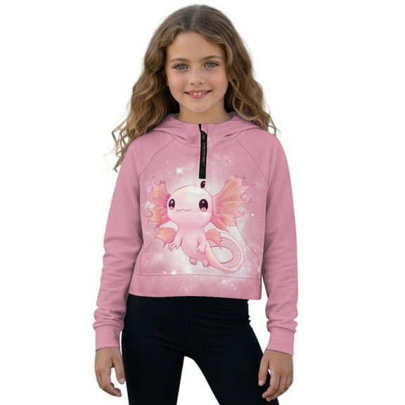 Xixirimido Pink Axolotl Printed Girls Half Zip Sweatshirt Hooded Pullover for Teen Long Sleeve Hoodie Crop Tops with Pocket Fall Winter Clothes Size 9-10