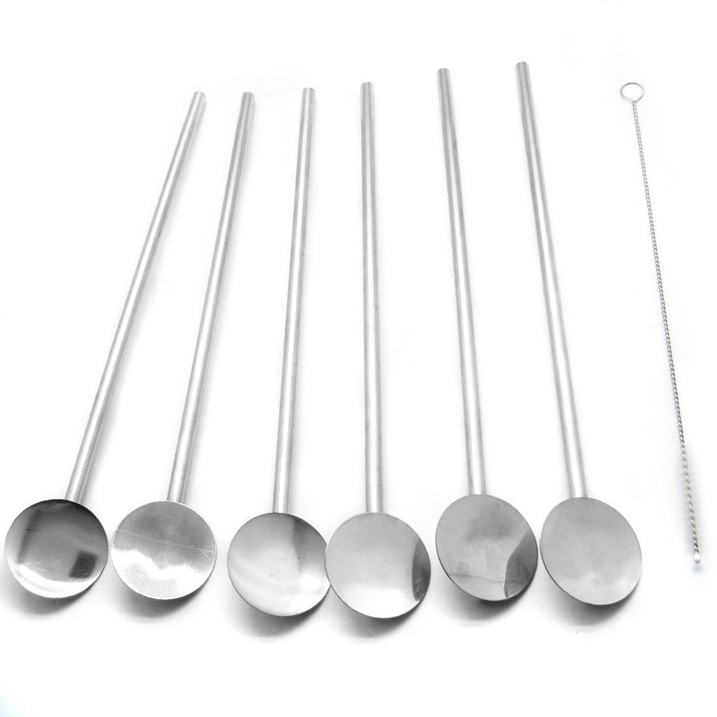 25cm Stainless Steel Spoon Straw with Cleaning Brush,Eco Friendly and Reusable Spoon Straws,Long Metal Drinking Straws for Cocktail and Bubble Tea,Coffee Set of 4