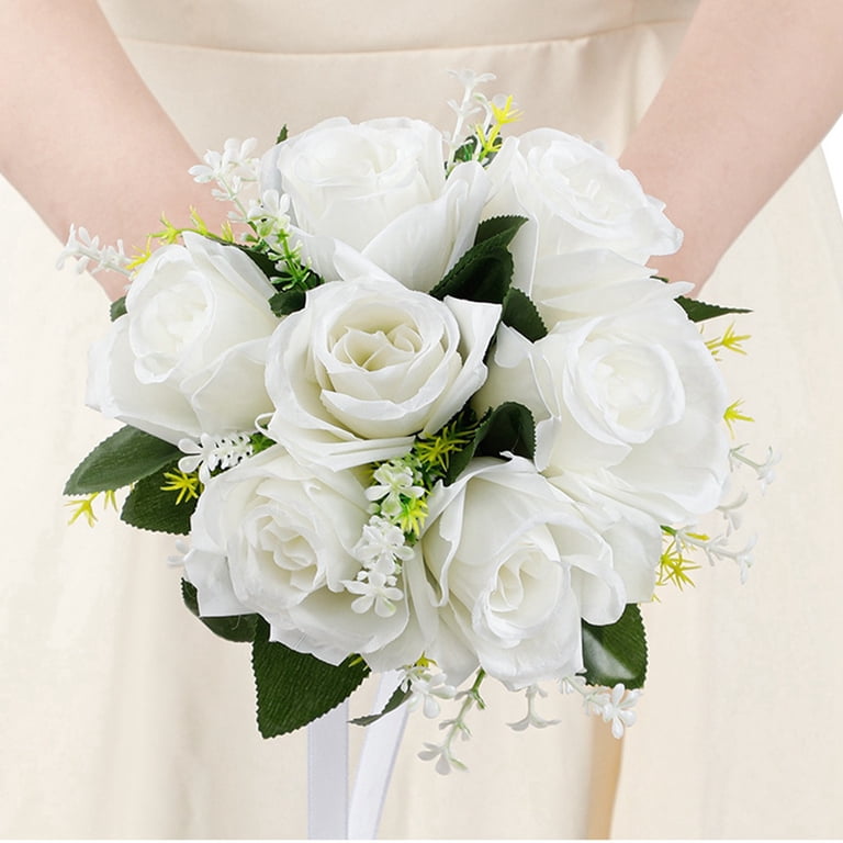Light Blue & White Artificial Wedding Bouquet - 7.5" Small Size, Silk Rose Throw Bouquet For Bride & Bridesmaids