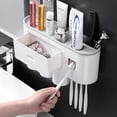 thumbnail image 4 of Wekity Toothbrush Holder Wall Mounted Multi-Functional Toothbrush Hanger with Automatic Toothpaste Dispenser, 3 Cups, and Drawers for Cosmetic Storage, Bathroom Space Saving Holder (Pink), 4 of 5