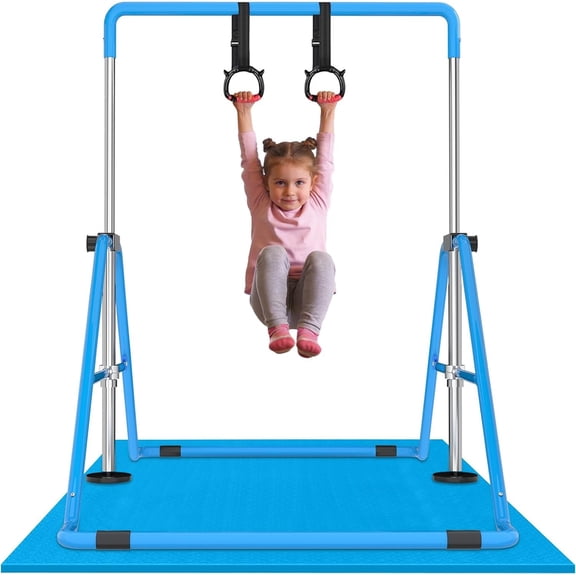 Gymnastics Bar Adjustable & Foldable Kip Bar with Rings and Mats, Sturdy Gymnastics Horizontal Bar, Gymnastics Equipment for Practice, Blue