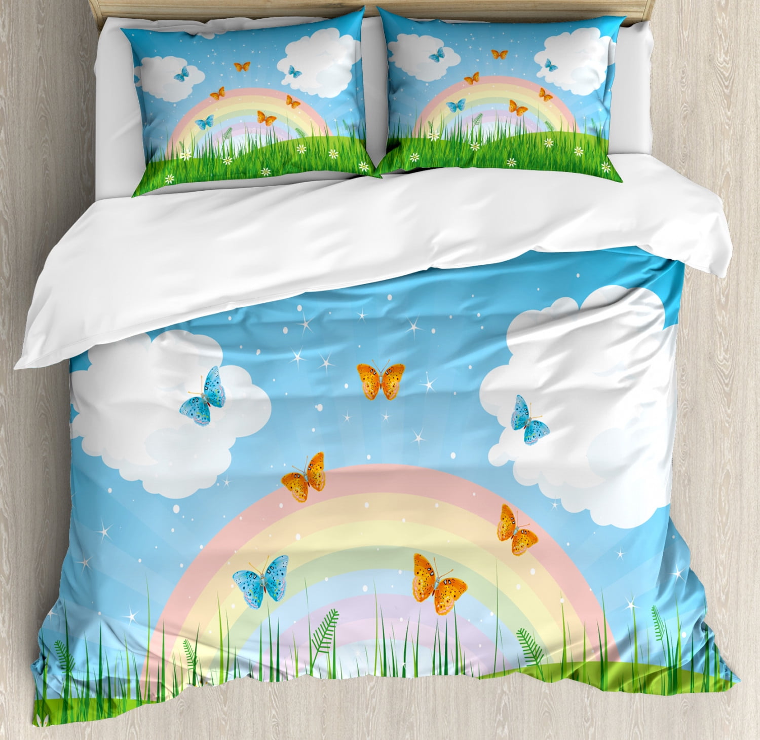 Wildflower Duvet Cover Set King Size, Grassy Spring Meadow Butterflies