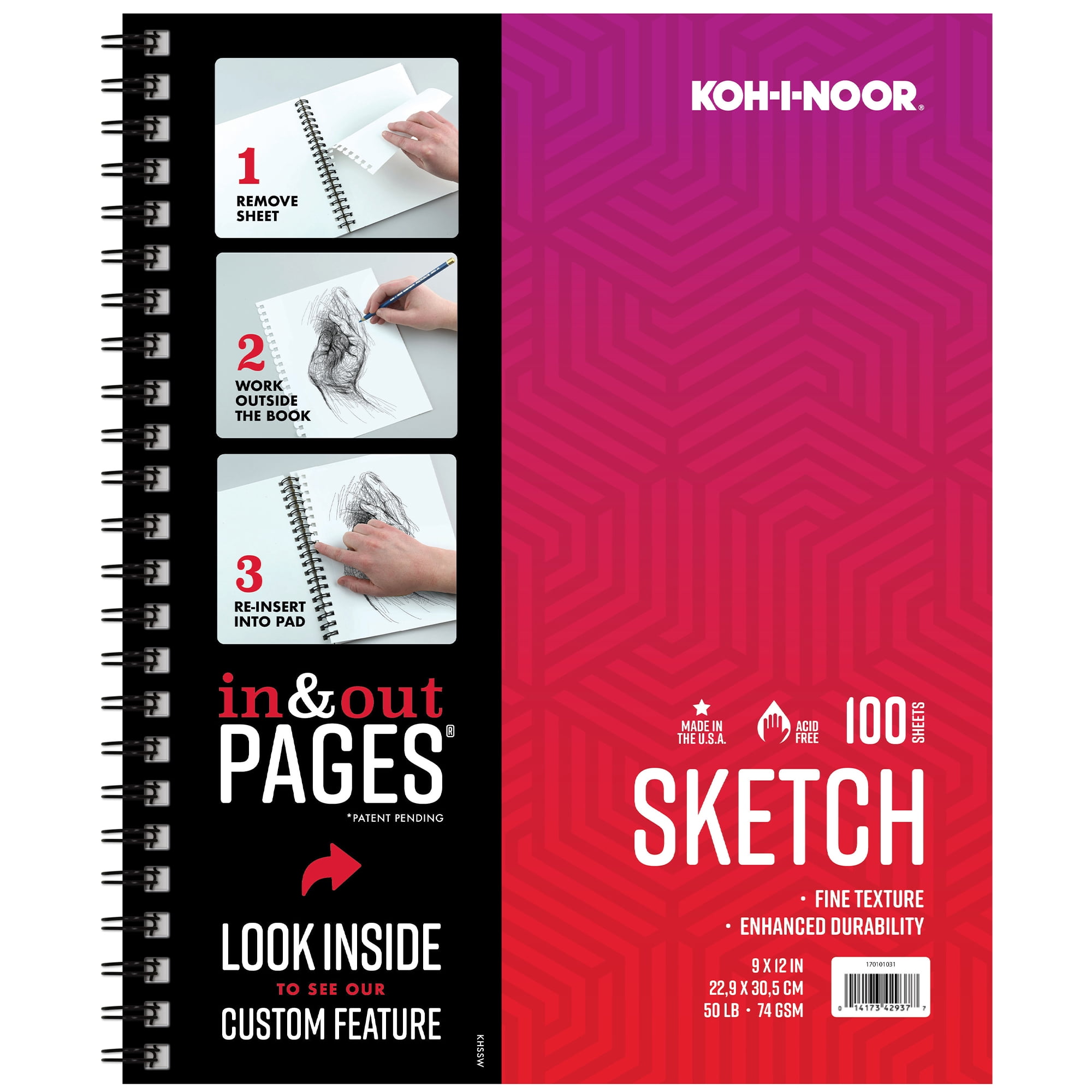 (3 pack) Kohinoor 9" x 12" 100 Sheet 50lb. 74GSM Bright White Sketch Pad with Side Wire