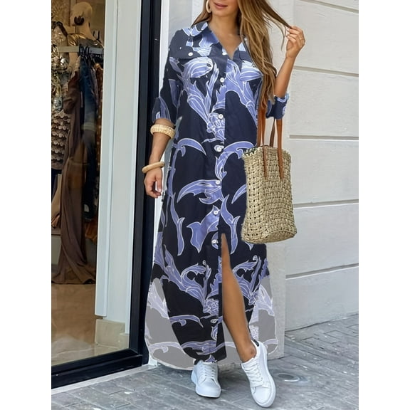 oyyniis Womens Long Sleeve Button Down Shirt Dresses With Pockets Casual Loose Lapel Collar Split Maxi Blouse Dress S