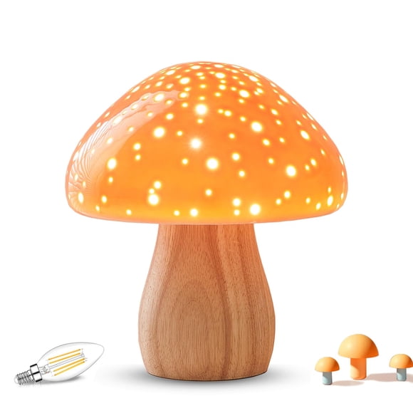 BOHON Mushroom Lamp, Ceramic Bedside Table Lamp for Bedroom Nightstand, Retro Vintage Orange Night Light, Small Aesthetic Lamp fo