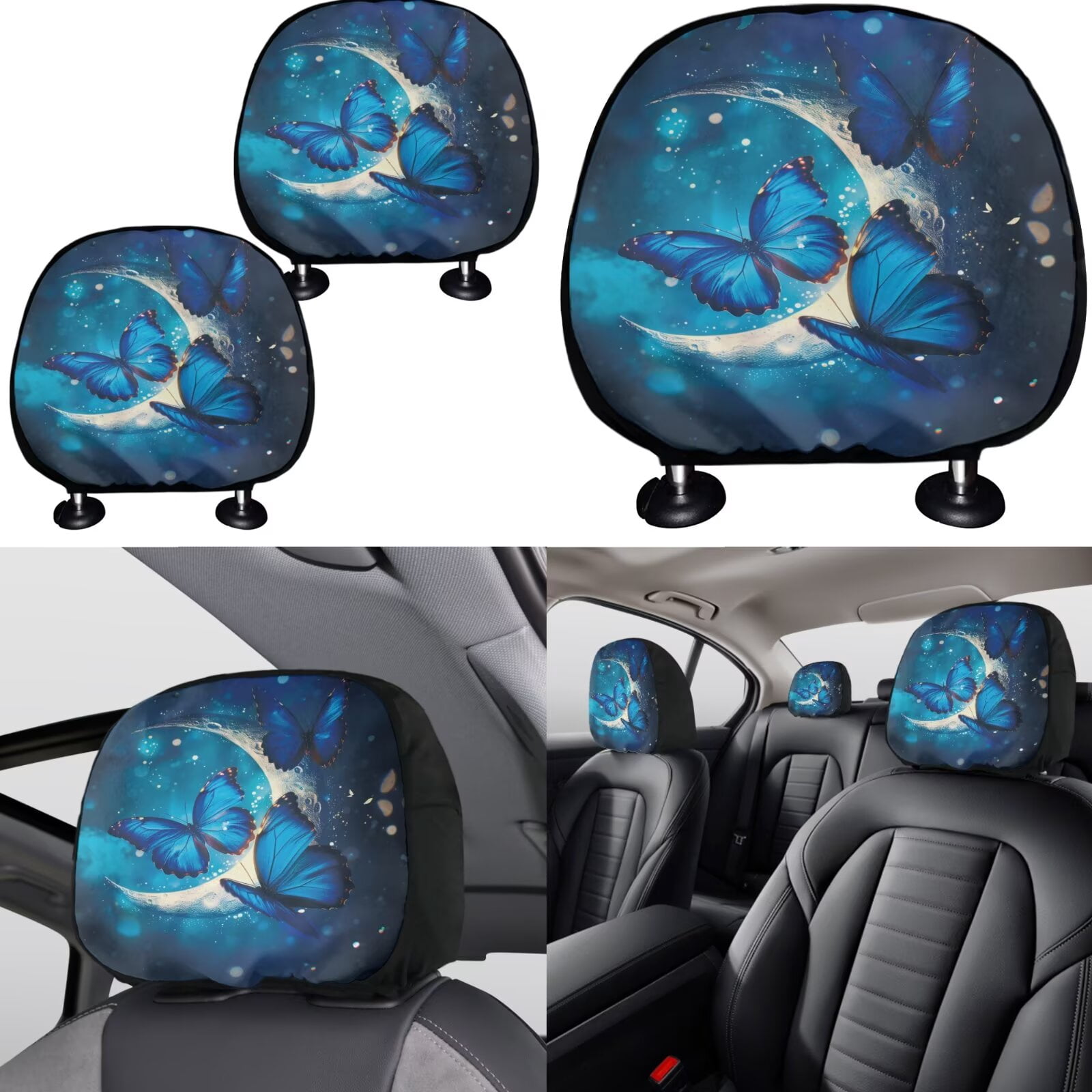 Jeiento Butterfly Moon Car Seat Covers Full Set with Headrest Cover, Gear Shift Cover, Handbrake Cover, Keychain Holder, Cup Coasters, 11 Piece Auto Interior Accessories, Blue