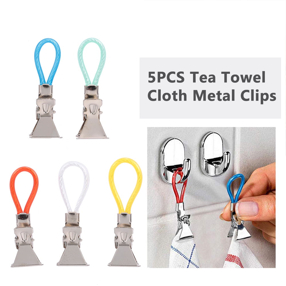 New 5pc Tea Towel Hanging Clips Metal Clip On Hooks Loops Dish Cloth Hand Hang