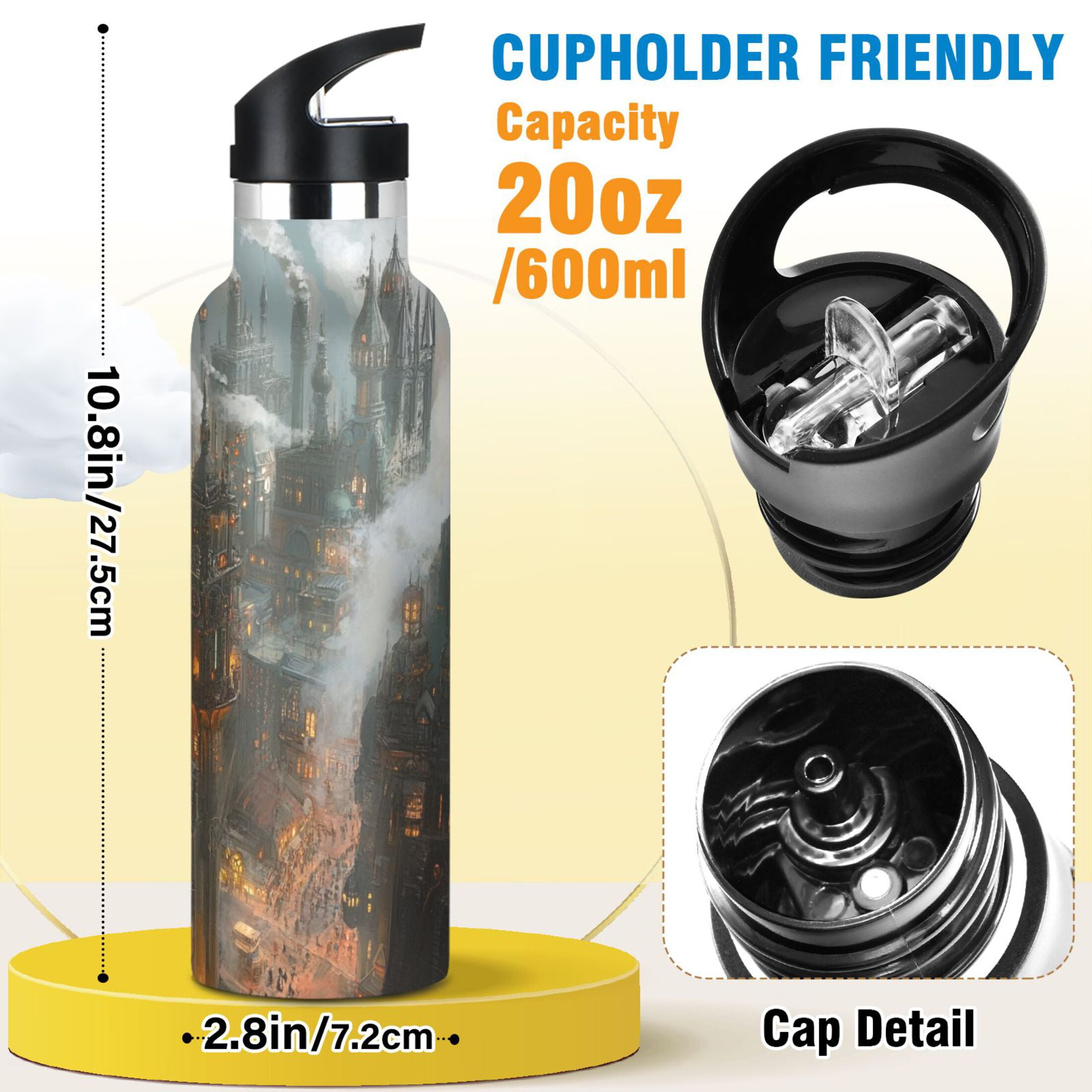600ML Stainless Steel Insulated Cup Sports Water Bottle Portable Thermos Cup Water Glasses Insulated Tumblers Convenient and Durable Steampunk Castle