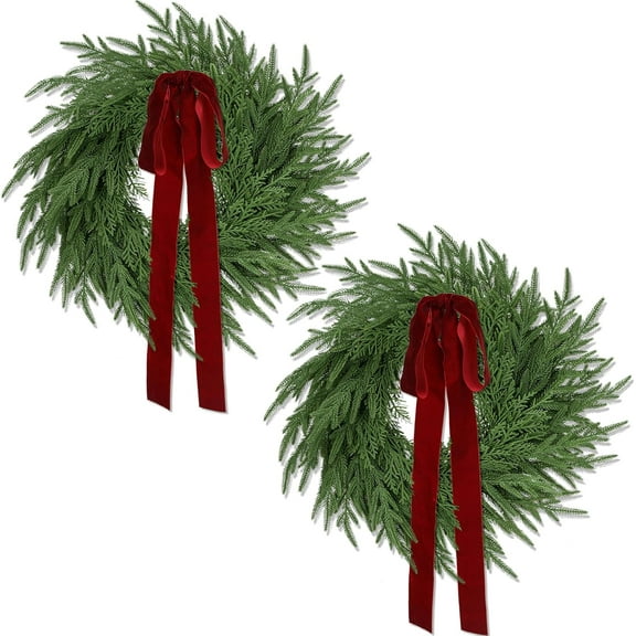 Grinzy 2 Pack Christmas Wreath for Front Door, 24 inch Artificial Pine Cedar Holiday Wreath with Red Bow, Artificial Christmas Wreaths Winter Greenery Wreath for Indoor Outdoor Home Decoration