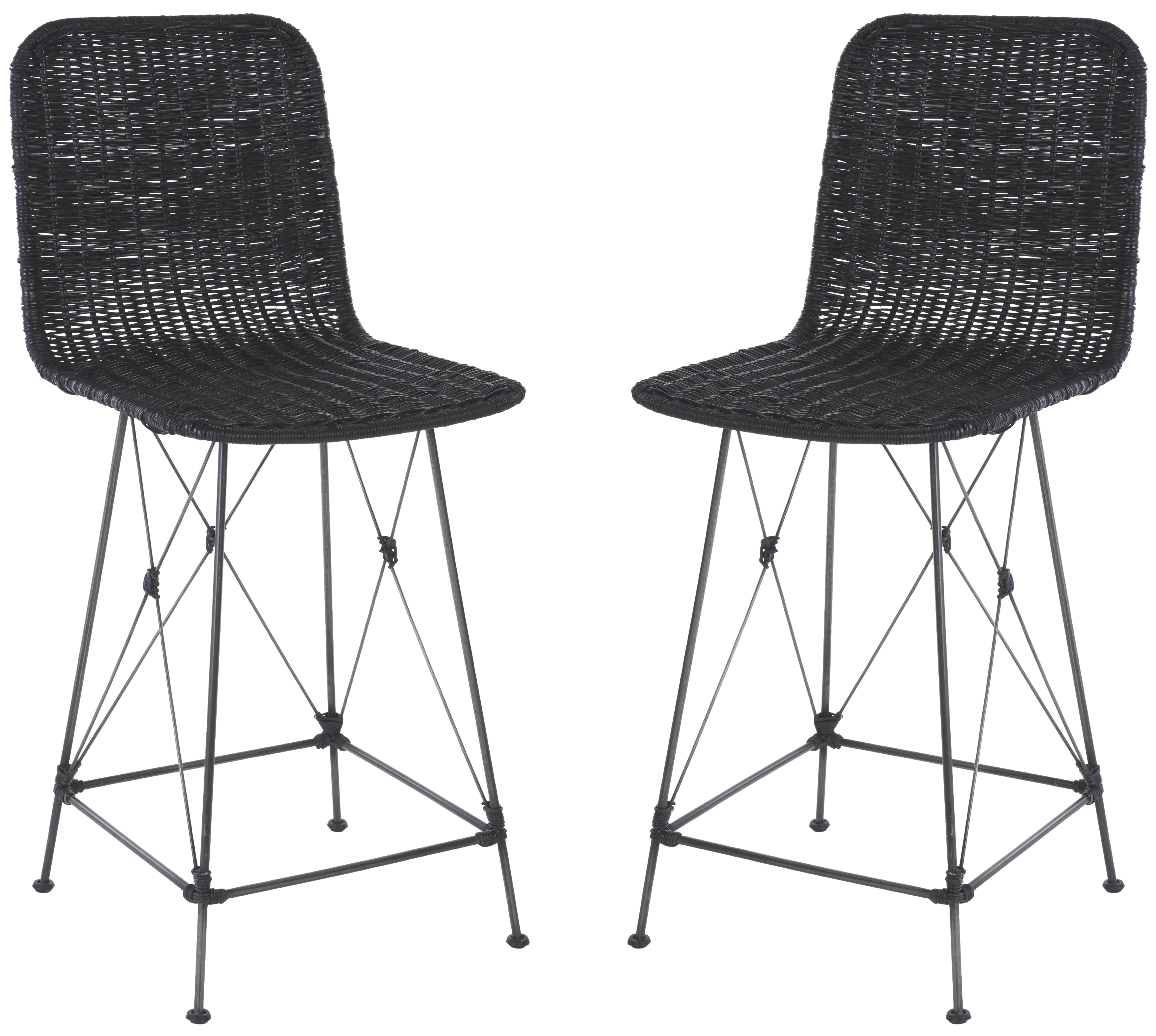 Safavieh Minerva Weaved Bohemian Mid Back Metal and Rattan Stools, Black (Set of 2)