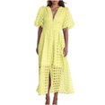 thumbnail image 1 of Mikilon Robes d'Été pour Femmes Ensemble Jupe Sexy Lanterne Manches Courtes Robe à Carreaux Sexy Col en V Profond Robes de Mode Décontractées Taille Haute Robe de Soirée Unie avec Fente Jaune L, 1 of 6