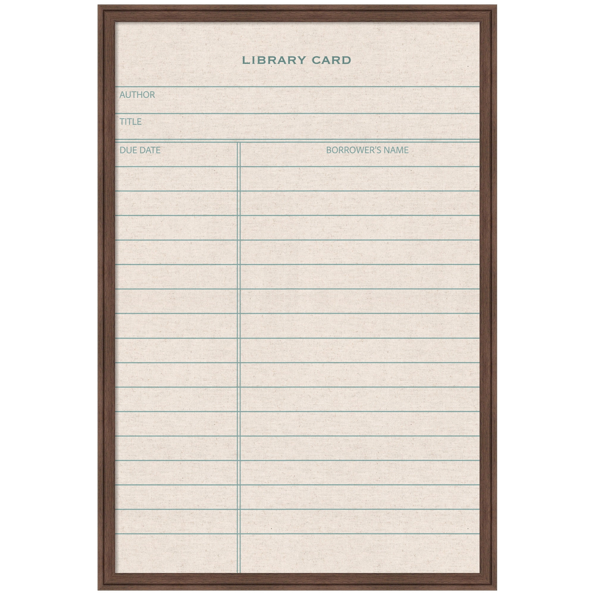 Kate and Laurel Framed Fabric Pinboard 26 x 38, Linen Library Card Printed Linen Classic Bulletin Board for Use as a Vision Board or Wall Organization, Florence Medium Brown Frame
