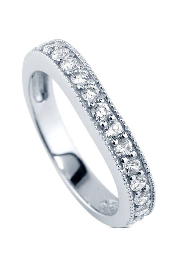 Sterling Silver Wedding Rings Pave Set Round Cut Cubic Zirconia CZ Curved Half Eternity Ring for Women, Rhodium Plated Size 6.5