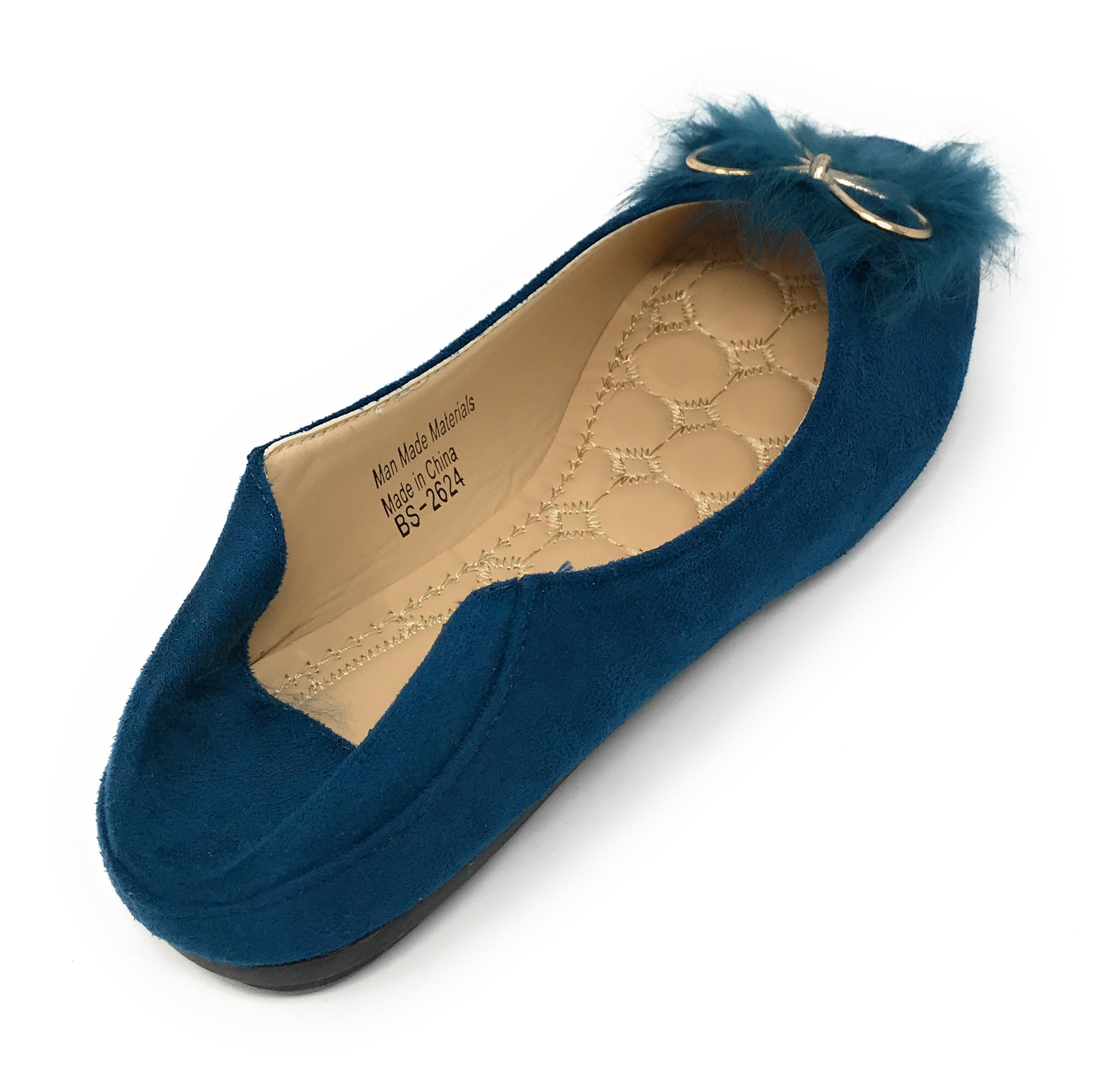 Victoria K Women's Foldover Sueded Faux Fur Gold Bow Ballerina Flats