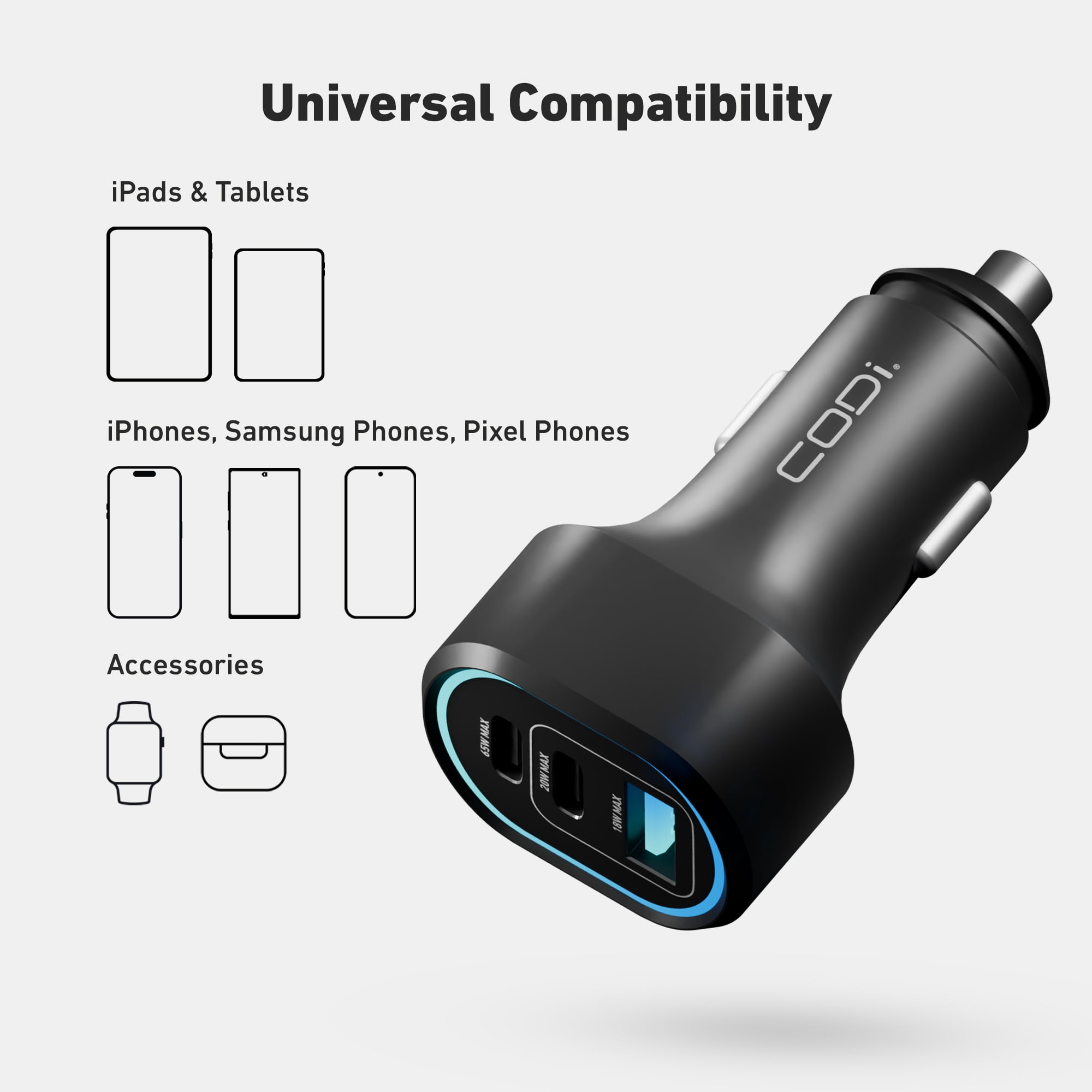 CODi 65W Triple Port USB-C Car Charger – Fast Charging Adapter for Laptops, Tablets & Phones – 2 USB-C + 1 USB-A