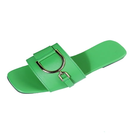 

Fsqjgq Nine Slippers Women Women s Casual Flat Bottom Square Button Solid Color Large Comfortable Sandals Leather Slippers Women 7 Green 41