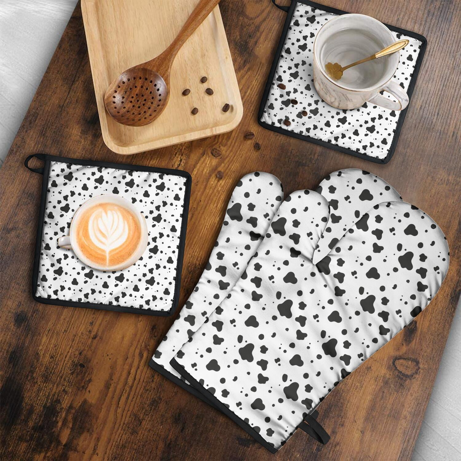 Leopard Print Oven Mitts and Pot Holders Set Of 4, Heat Resistant Kitchen Gloves with Non-Slip Grip, Hanging Loop, Soft Cotton Lining for Baking, Cooking, Grilling, Barbecue