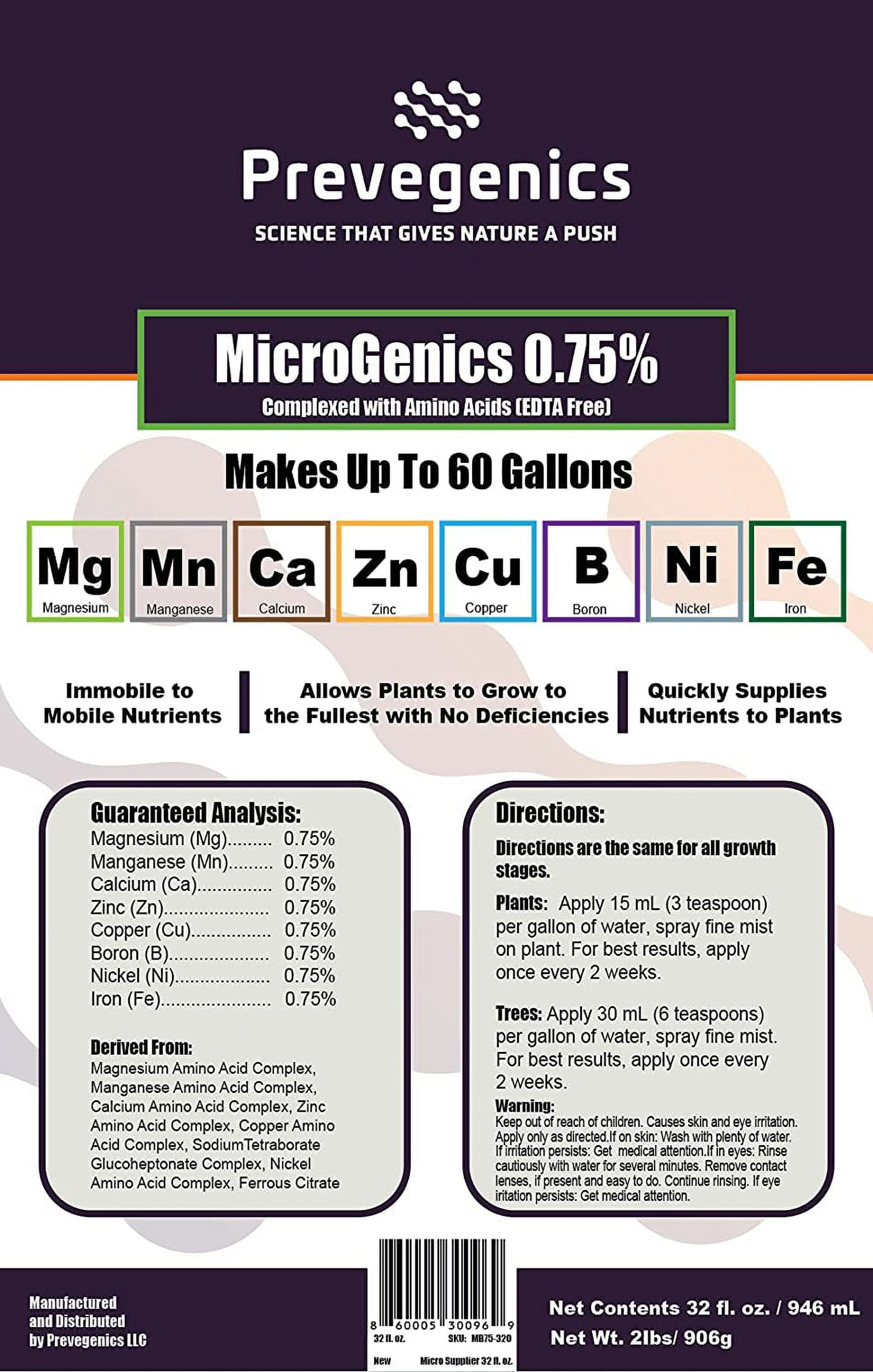 MicroGenics 0.75% - Foliar Applied Liquid Fertilizer - Micronutrients and Macronutrients Complexed with Amino Acids- EDTA Free
