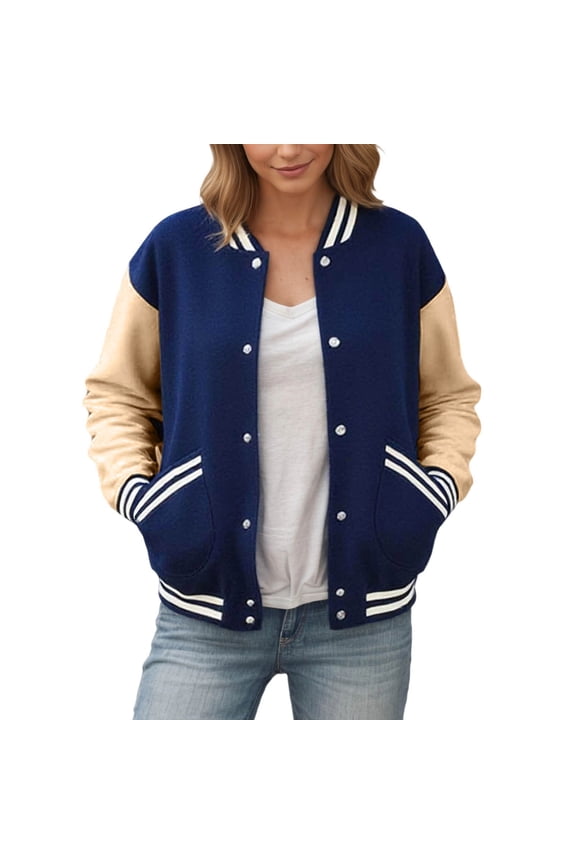 Womens Baseball Jacket Color Block Long Sleeve Button Up Lightweight Striped Varsity Jackets Stylish Coat