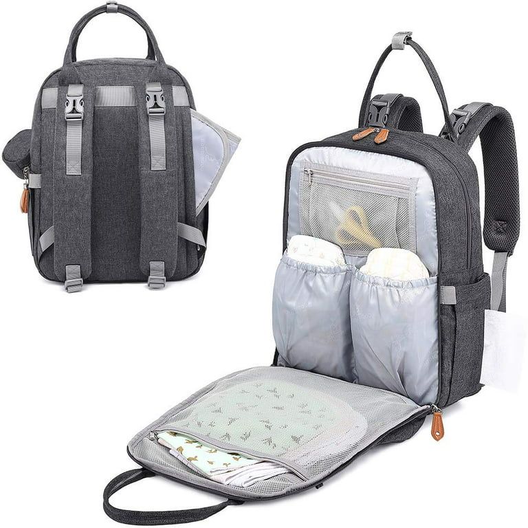 Baby Changing Bag Backpack, Babbleroo Nappy Changing Back Pack Diaper Bags with Changing Mat & Pacifier Holder for Mom & Dad (Dark Grey)