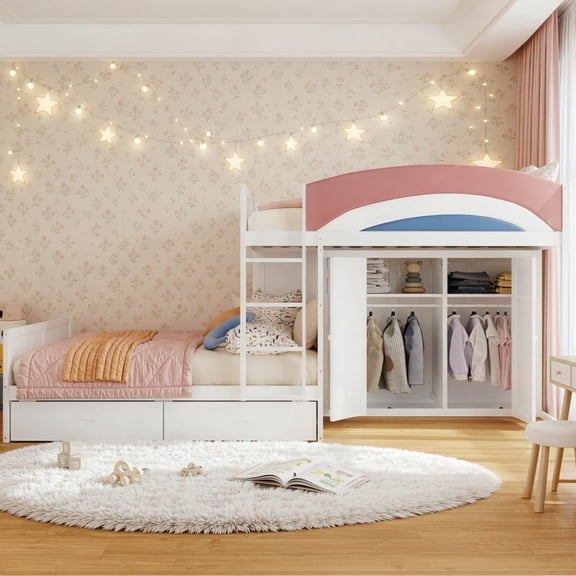 Full-Over-Full Size Offset Bunk Bed with Wardrobe & Built-in Hanging Rod, Storage Kids Bed Frame with 2 Drawers & Guardrail