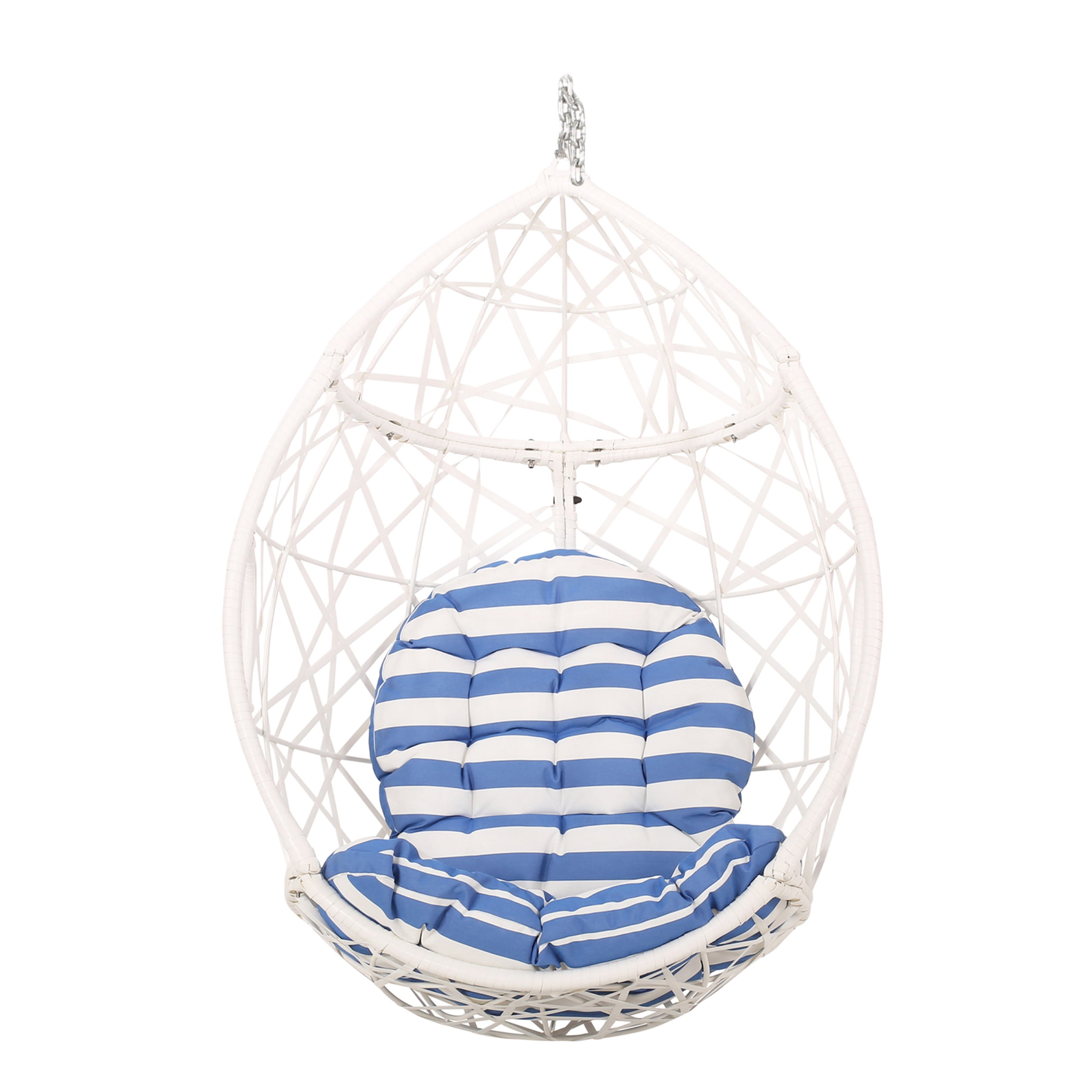 Vienna Wicker Outdoor Hanging Egg Chair, White, White and Blue
