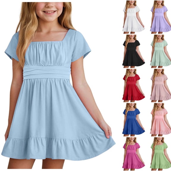 WUANDIXFA Girls Dresses Tie Back Dress for Girls Ruffle Short Sleeve Dresses Tween Kids Off Shoulder Junior Dress 6-16 Years (Light Purple, 4-5 Years)