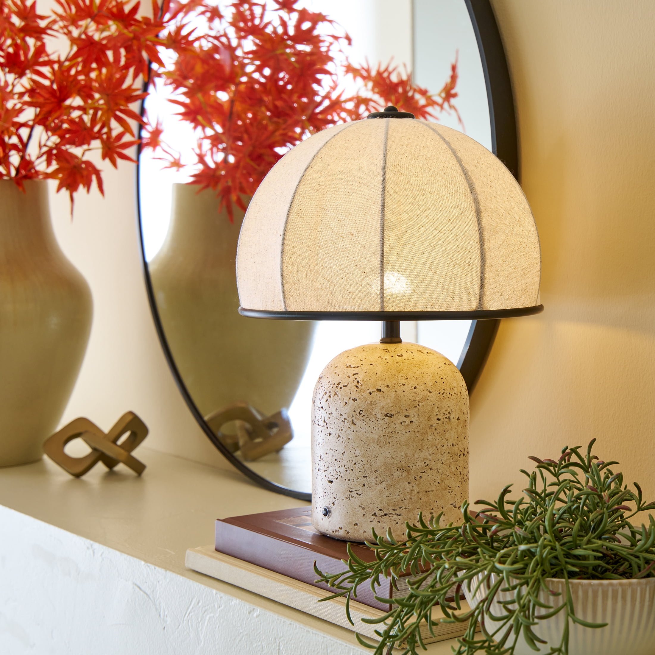 Better Homes & Gardens Rechargeable 14 in Stone Gourd Table Lamp with Fabric Dome Shade
