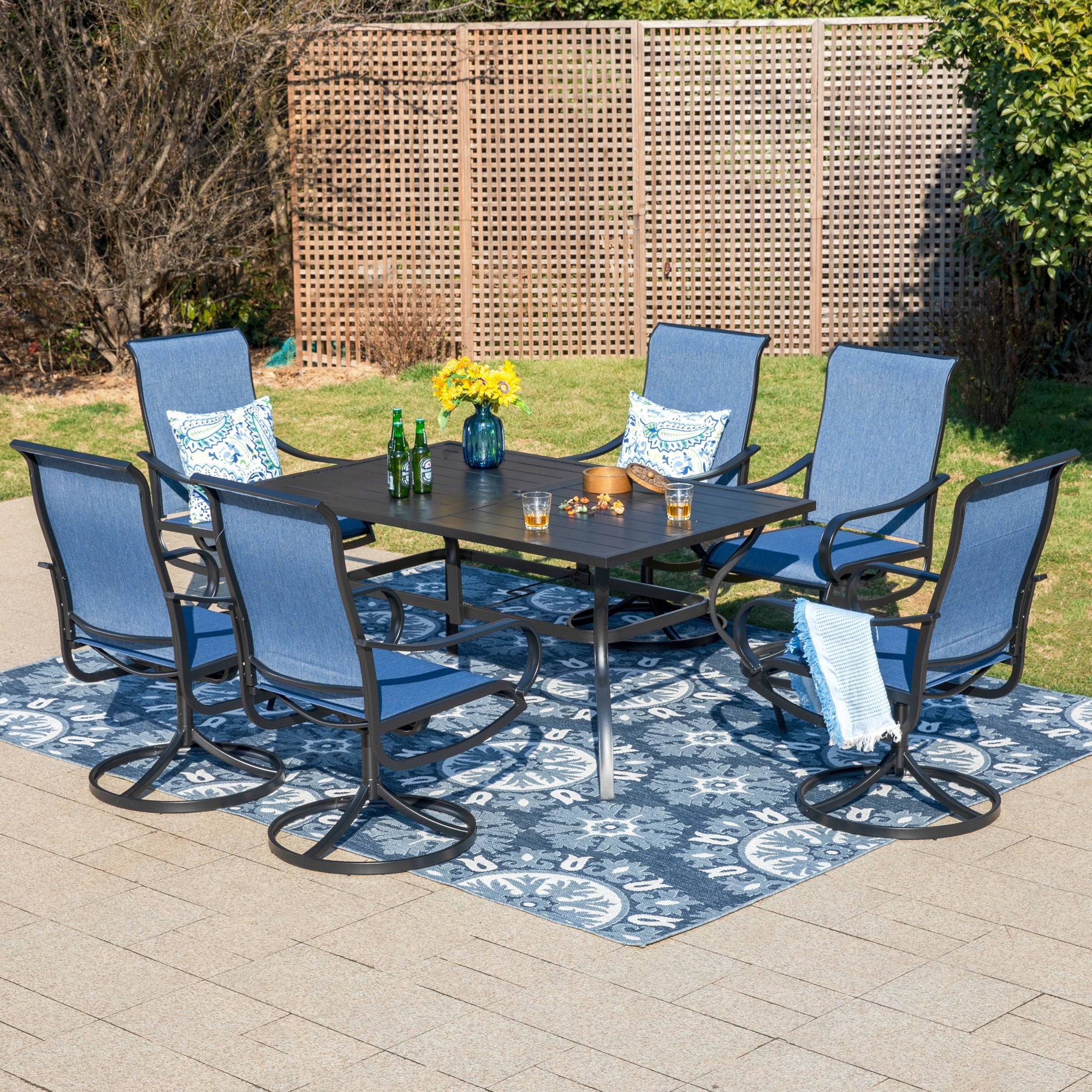 MF Studio 6-Person Outdoor Rectangular Metal Dining Table with Umbrella Hole, All-Weather Resistance Patio Table, Black