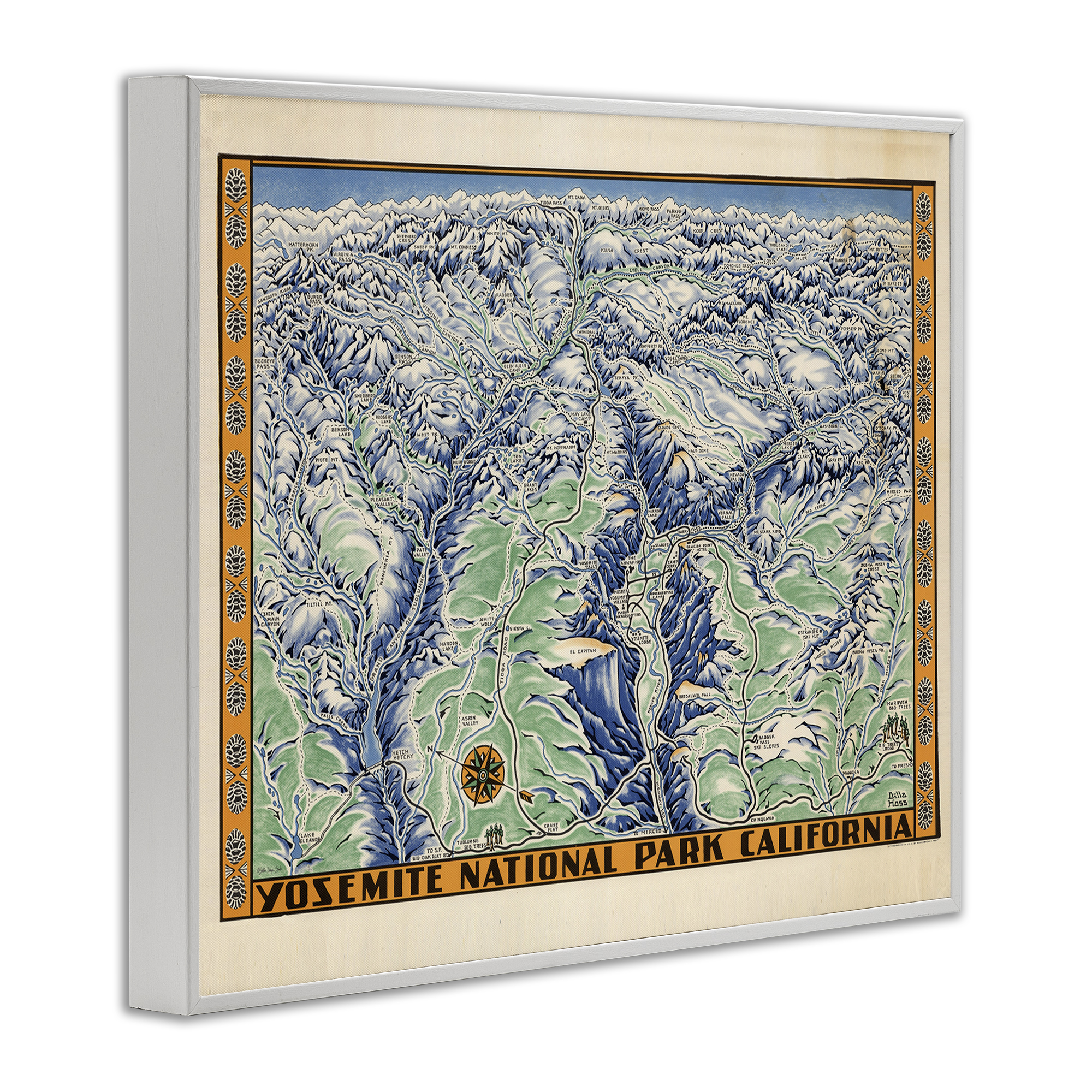 Stupell Industries Vintage Yosemite Map Travel & Places Painting White Framed Art Print Wall Art, 14 x 11