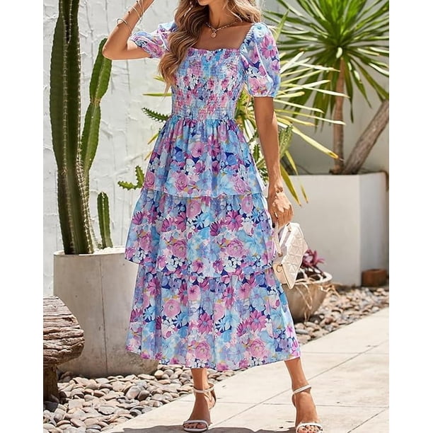 BTFBM Womens Square Neck Smocked Dress Summer Puff Short Sleeve Floral Casual Ruffle Tiered Maxi Wedding Guest Dresses