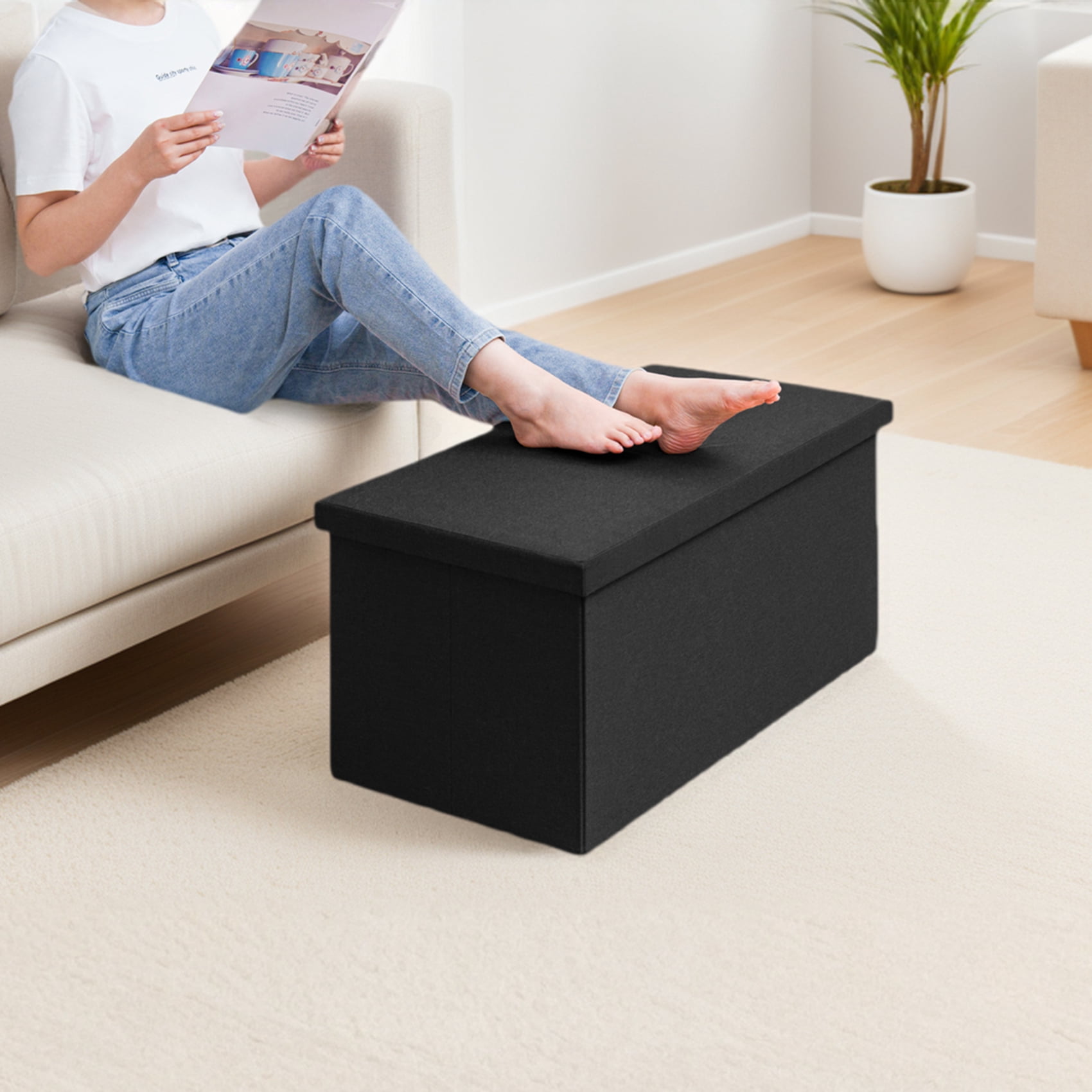 PINPLUS 30 " Ottoman with Storage Bench, Folable Ottoman Coffee Table with Tray, Foot Rest, Toy Chest Box for Living Room, Bedroom, Linen Fabric, Black