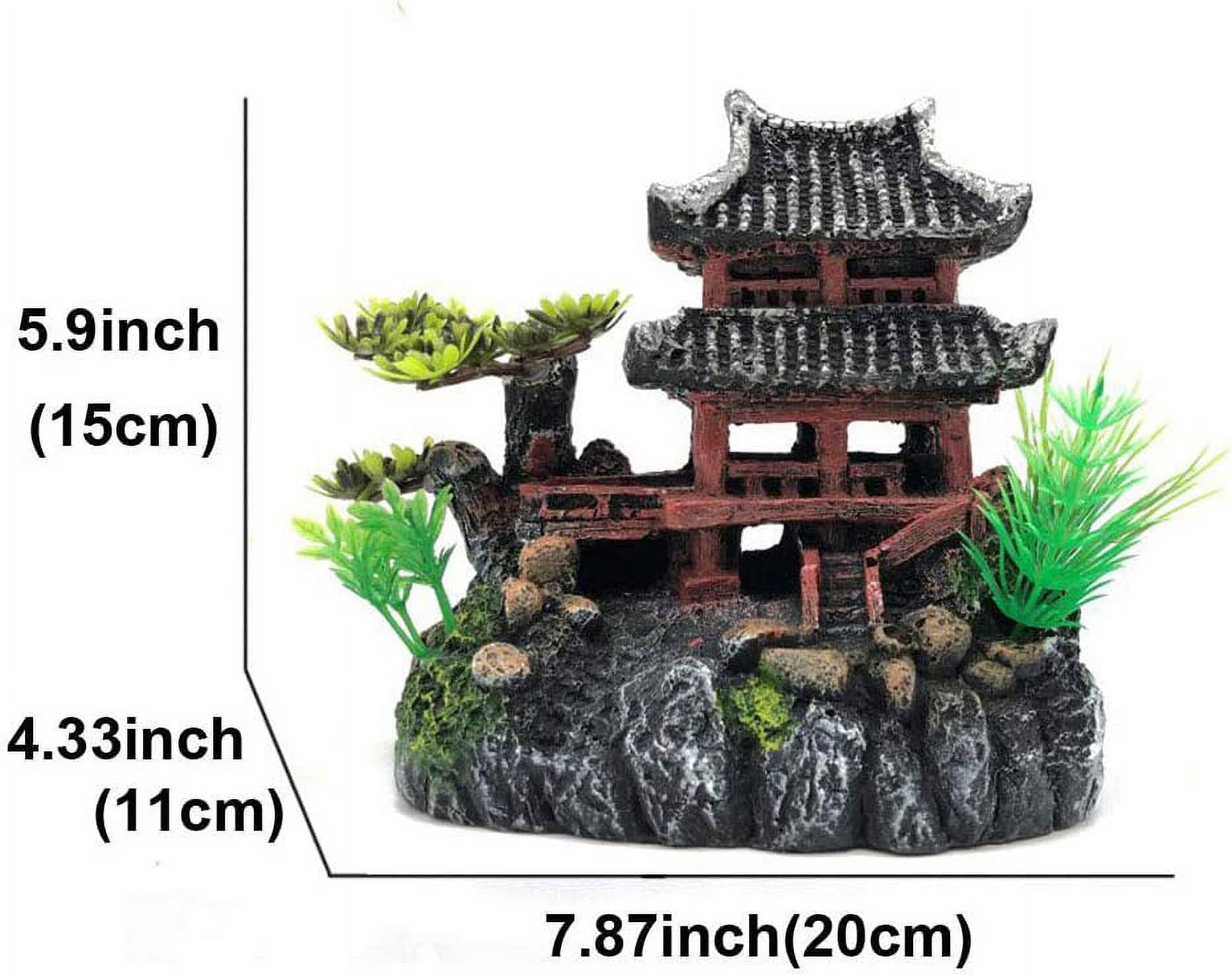 Nvzi Chinese Ancient Water Towns Aquarium Décor Ornaments, Resin Fish Tank Decorations Hideout Castle 8", Hand Painted with Realistic Details Tree (Water Town with red Stairs)